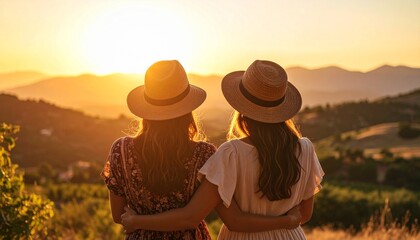Two Women Friends Watching Sunset Over Rolling Hills.