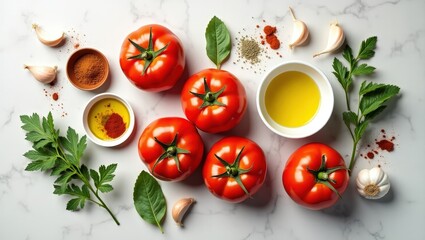 Top view of tomatoes, garlic, olive oil, herbs, and spices arranged for Mediterranean or Italian cuisine preparation on a light surface.