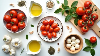 Top view of tomatoes, garlic, olive oil, herbs, and spices arranged for Mediterranean or Italian cuisine preparation on a light surface.