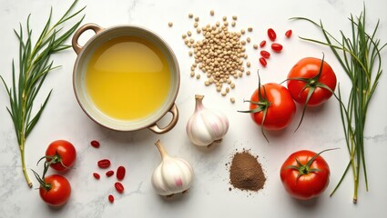 Top view of tomatoes, garlic, olive oil, herbs, and spices arranged for Mediterranean or Italian cuisine preparation on a light surface.