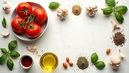 Top view of tomatoes, garlic, olive oil, herbs, and spices arranged for Mediterranean or Italian cuisine preparation on a light surface.