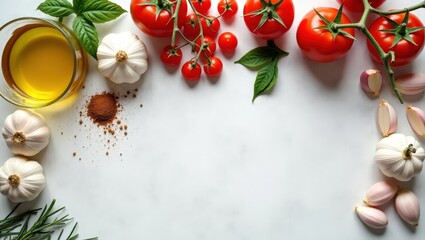Top view of tomatoes, garlic, olive oil, herbs, and spices arranged for Mediterranean or Italian cuisine preparation on a light surface.