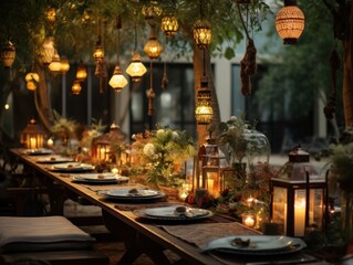 Banquet table adorned with fall decorations and hanging lights