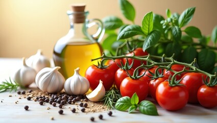 Close-up of ripe tomatoes on vine, garlic, olive oil, herbs, and spices used in Mediterranean and Italian cooking on rustic surface.