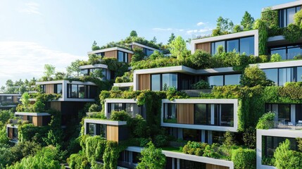 Modern Eco-Friendly Architecture with Greenery on Sloping hillside Residential Buildings in a Sustainable Environment