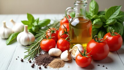 Close-up of ripe tomatoes on vine, garlic, olive oil, herbs, and spices used in Mediterranean and Italian cooking on rustic surface.