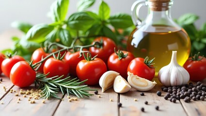 Close-up of ripe tomatoes on vine, garlic, olive oil, herbs, and spices used in Mediterranean and Italian cooking on rustic surface.