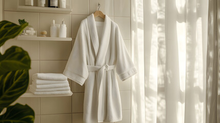 White bathrobe hangs on wall beside neatly folded towels surface