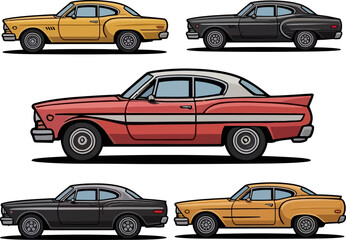 vintage old days retro model car design set colorful cars