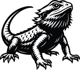 detailed black and white illustration, bearded dragon lizard, high contrast, crisp details, intricate scales, dynamic pose, digital art
