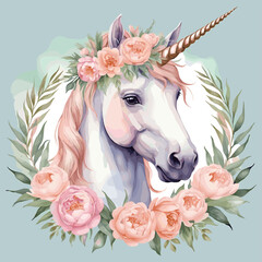 Enchanting Unicorn with Floral Crown and Pastel Colors in Whimsical Watercolor Illustration