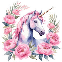 Enchanting Unicorn with Pink Mane Surrounded by Lush Peonies and Greenery in Watercolor Style
