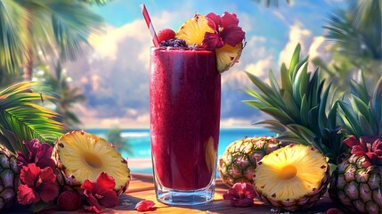 Intricate and vibrant depiction of a Hibiscus Tea Pineapple Smoothie with fresh tropical ingredients and a homemade appeal captured in a lively artistic style