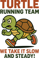 turtle, running team, slow, steady, cartoon, illustration, digital art, vibrant colors, whimsical, playful
