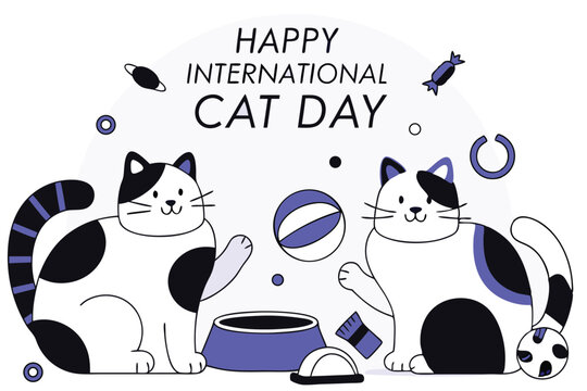 International cat day vector design featuring pet care theme with cute cats and related elements