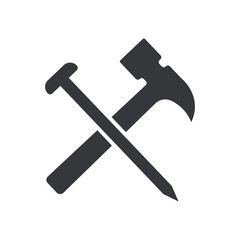 Isolated pictogram icon of hammer and nail, representing woodworking, construction jobs, carpentry work, and ongoing home improvement or renovation activity