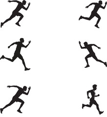 Black vector silhouettes of men running and jumping in action