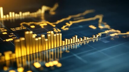 Abstract financial data visualization with golden bars representing stock market trends on a dark background - Powered by Adobe
