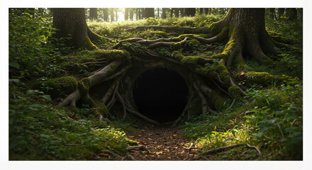 Mysterious forest entrance with a dark hollow beneath tree roots surrounded by lush greenery