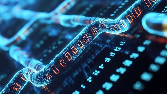 Abstract representation of digital data flow with glowing binary code on interconnected circuits
