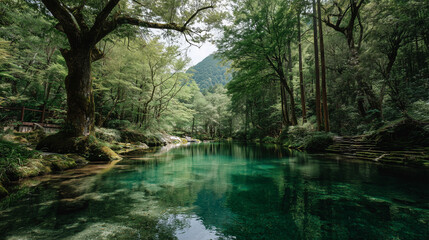 Tranquil Forest Stream with Crystal Clear Water and Lush Green Trees
