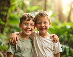 Two boys embrace outdoors