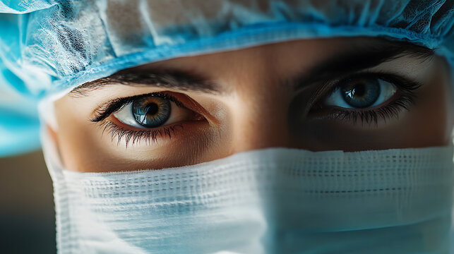 Close-up of a healthcare professional wearing a surgical mask and cap, focusing on their intense eyes.
