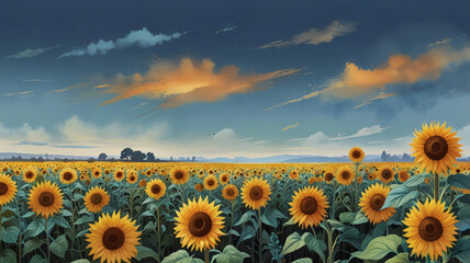 Fototapeta premium Sunset Action Over Vibrant Sunflower Field in Nature Illustration