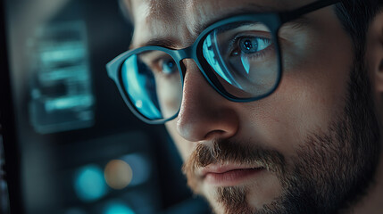 Man with glasses intently focusing on a digital screen