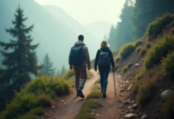 Fototapeta premium Generative AI Mountain Trail Wanderlust: A Blurred Couple's Journey