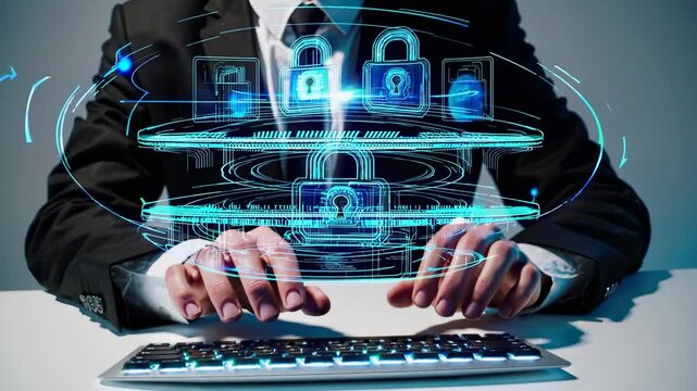 Businessman types on keyboard with digital padlock graphics. Cyber security concept in business office. Secure data analytics shown on tablet. Business focuses on data, charts, and office reports - Powered by Adobe