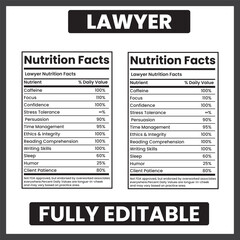 Obraz premium lawyer nutrition facts legal profession parody label attorney nutrition label legal expert infographic law firm humor design lawyer skills nutrition courtroom nutrition facts 
