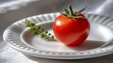 A single ripe tomato placed on a white plate with a sprig of greenery beside it.