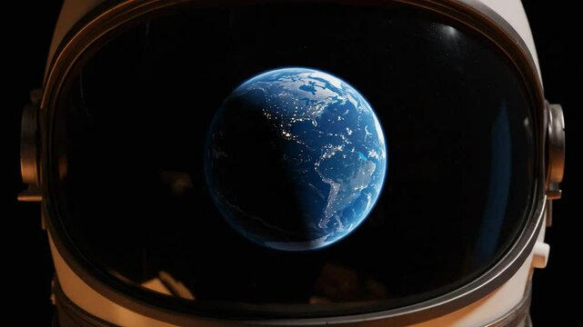 Astronaut helmet visor reflecting Earth in deep space with soft glow  