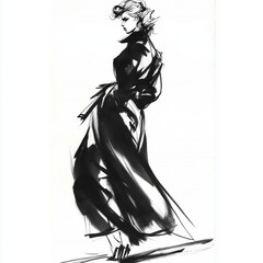 Elegant Ink Fashion Illustration of a Woman in Black Dress