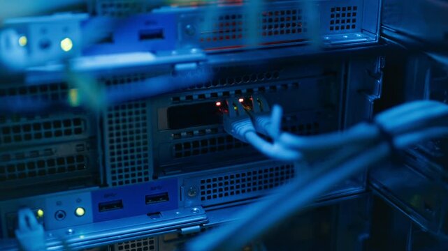 No people shot of wires connected to supercomputing system in data room with neon lighting