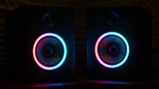 Close-up of speakers with pulsing neon lights in low light setting  