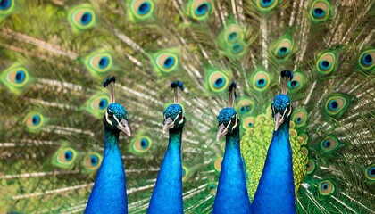 Four peacocks in focus, vibrant plumage