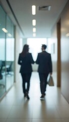 Fototapeta premium Generative AI Depicts Blurred Business Figures Walking Down a Modern Office Corridor