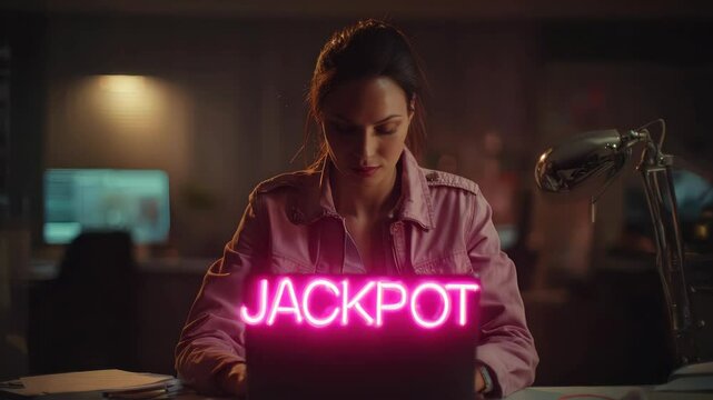 Casino Woman with Laptop and Neon Sign
