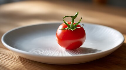 A single ripe tomato with green stem placed on a white plate