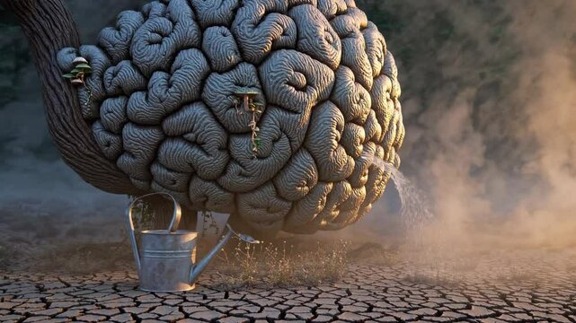 Water nourishes brain covered in flowers and moss. Brain rests on soil while flowers bloom. Concept of mental growth through nature. Brain, flowers, and growth symbolized in blooming organic form