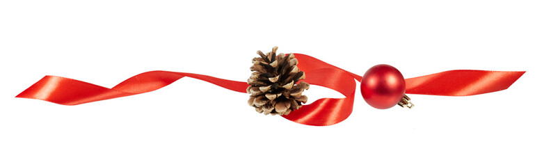 red silk ribbon band with pine cone and red christmas glass ball isolated on white or transparent...