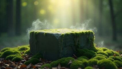 Mystical mossy stone in forest setting with fog