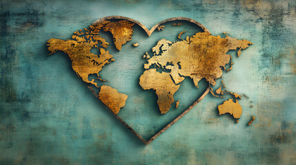 World Map Heart Shape Teal Background Golden Continents Love Earth Geography Travel Destination