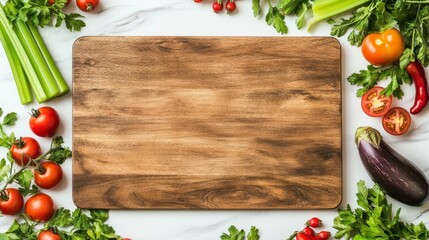 Culinary Canvas: A rustic wooden cutting board sits as the focal point surrounded by a fresh bounty of colorful vegetables, inviting culinary creativity. 