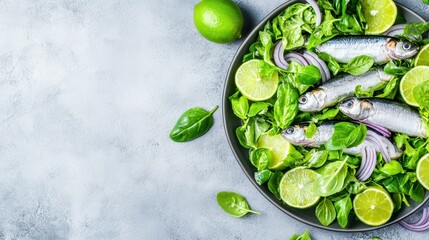Appetizing Sardines Salad: A vibrant dish featuring fresh sardines, complemented by zesty limes, refreshing basil, and thinly sliced red onion, all artfully arranged on a grey plate.