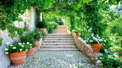 Stairway to Serenity: a pathway adorned with a winding staircase leads the eye upward through a beautifully landscaped garden, embraced by the verdant embrace of climbing vines and lush foliage.