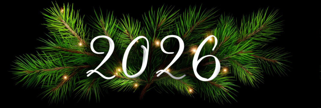 Happy new year 2026 - festive new year party background greeting card with text - Golden yellow fireworks in dark black night. The numbers are written in green fir tree, banner