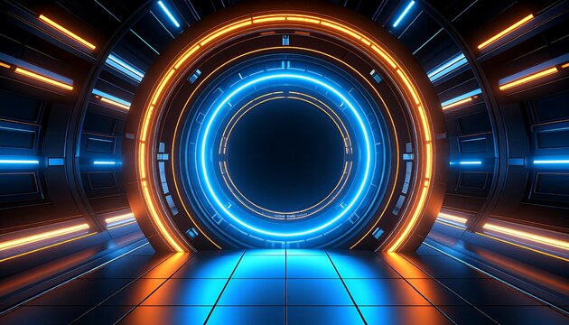 Futuristic tunnel with vibrant neon lights